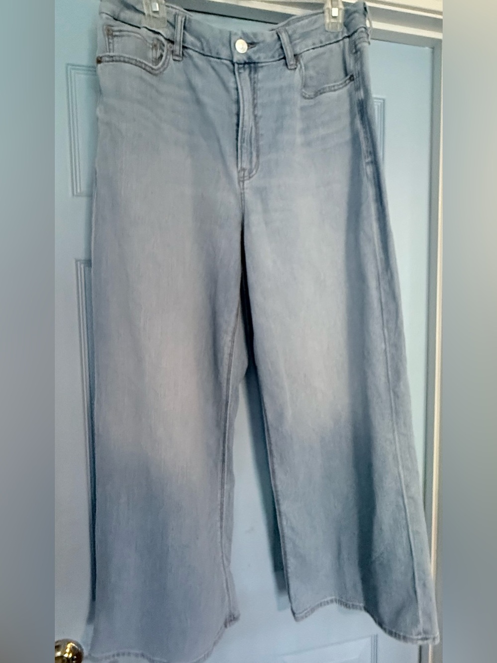 American Eagle light-wash, high-rise, wide-leg denim pants, size 14 short 26-27”